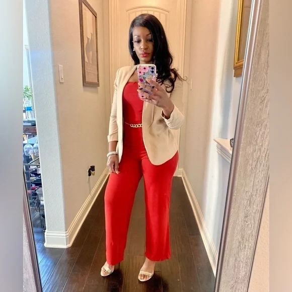 Tube Top Red Jumpsuit, Women’s Bandeau Jumpsuit, full length wide leg pants NWT - Picture 2 of 2